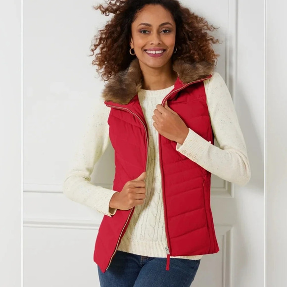 Talbots Red quilted Puffer vest 1x Faux fur collar Nwot - Picture 4 of 13